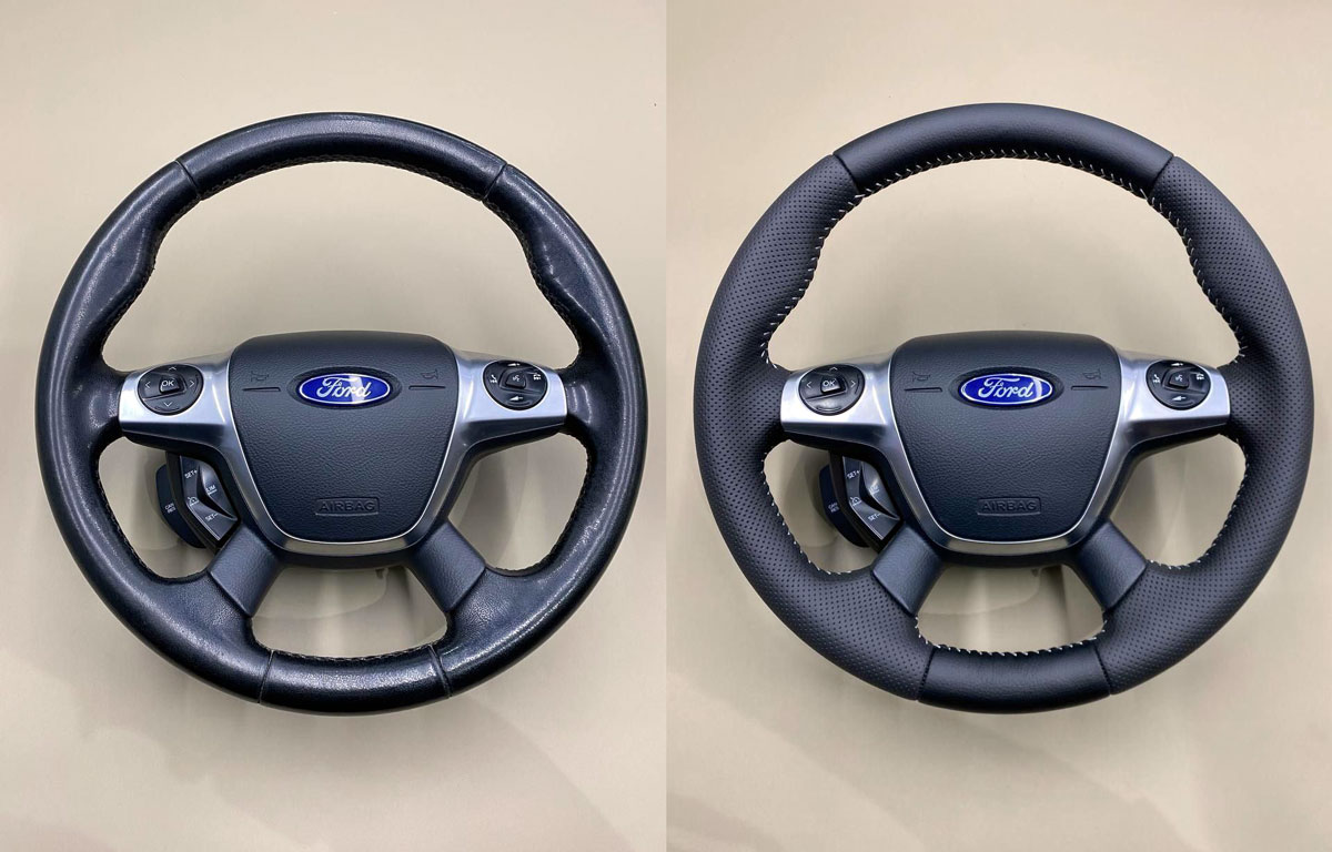 Перетяжка руля Ford Kuga в кожу двух фактур фото и цены в Воронеже